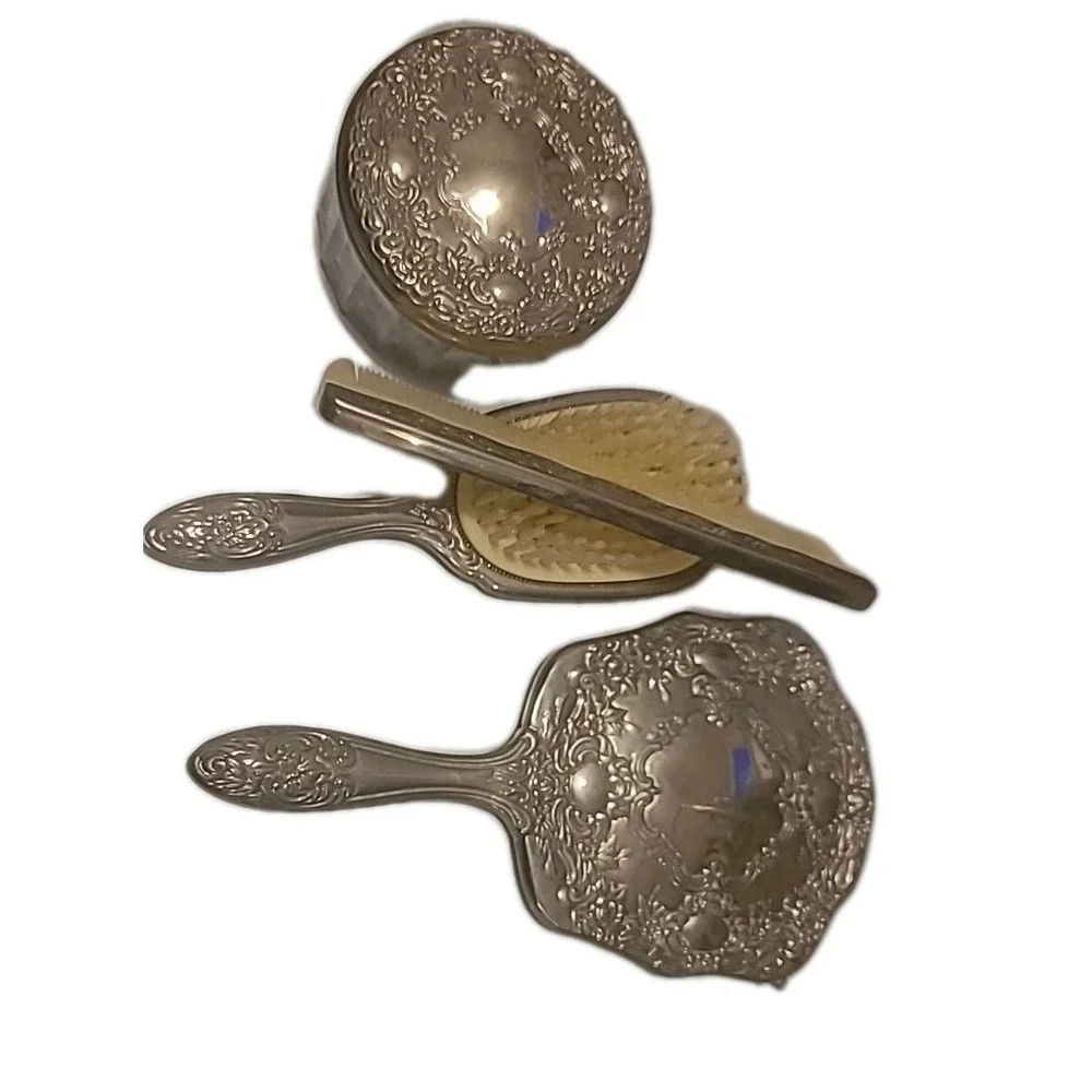 Vintage Silver Plate 4 Piece‎ Vanity Set Comb Brush Mirror And Glass Powder Con.